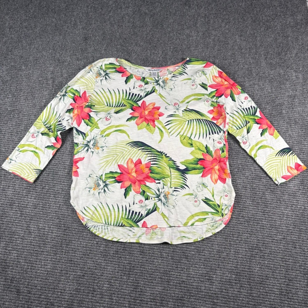 Tommy Bahama Floral T-Shirt Womens Medium White Excellent 3/4 Sleeve Tropical